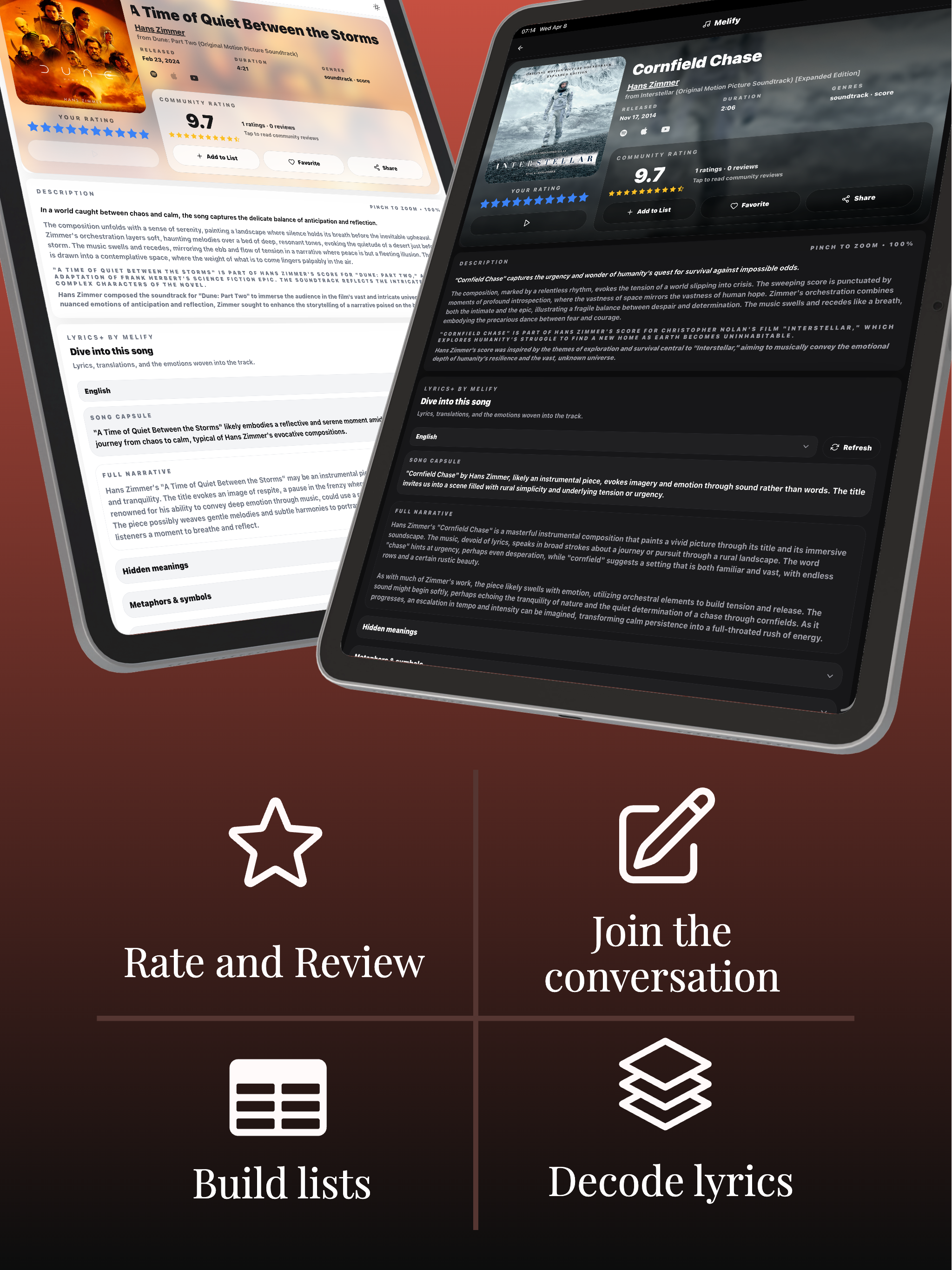 Melify lyrics and interpretation features shown on tablet screens.
