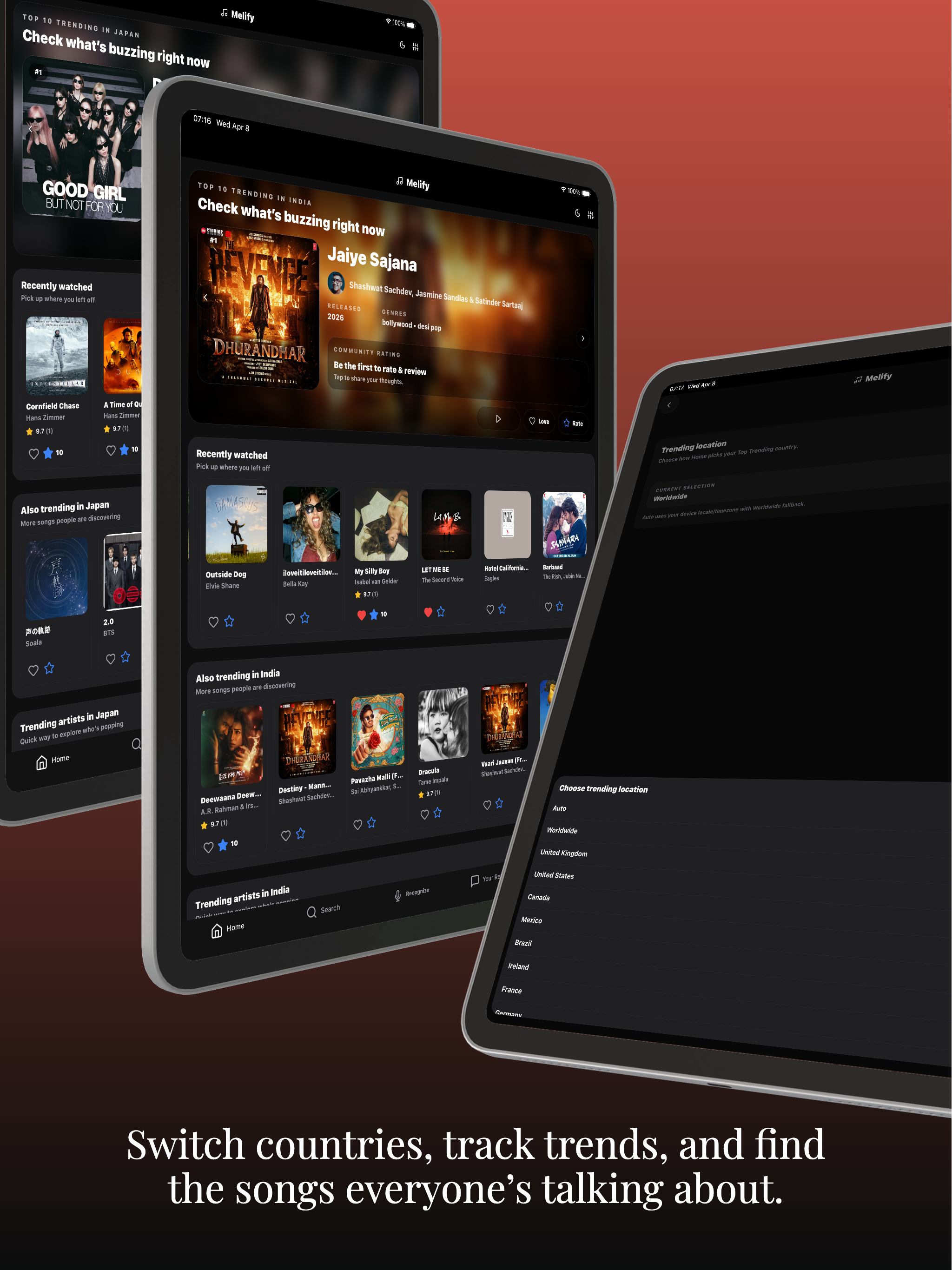 Melify trending feed with country switcher and global discovery.